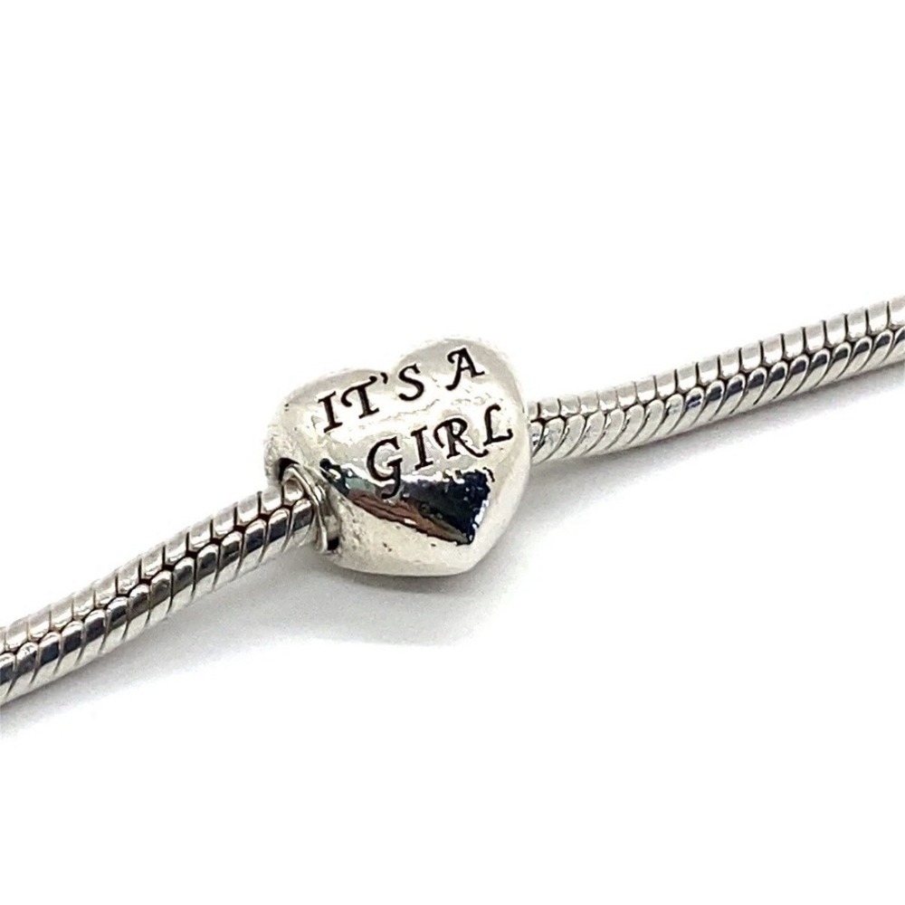 sterling silver pandora Charm heart It's A Girl Handprint Pink Stone ‎ 925 Charm